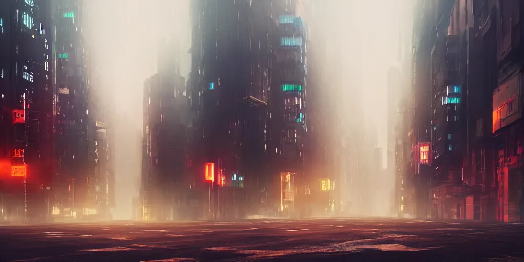 Image similar to deserted cyberpunk style city street, fog, rain, neon sign, volumetric lighting, beautiful, golden hour, sharp focus, ultra detailed, cgsociety