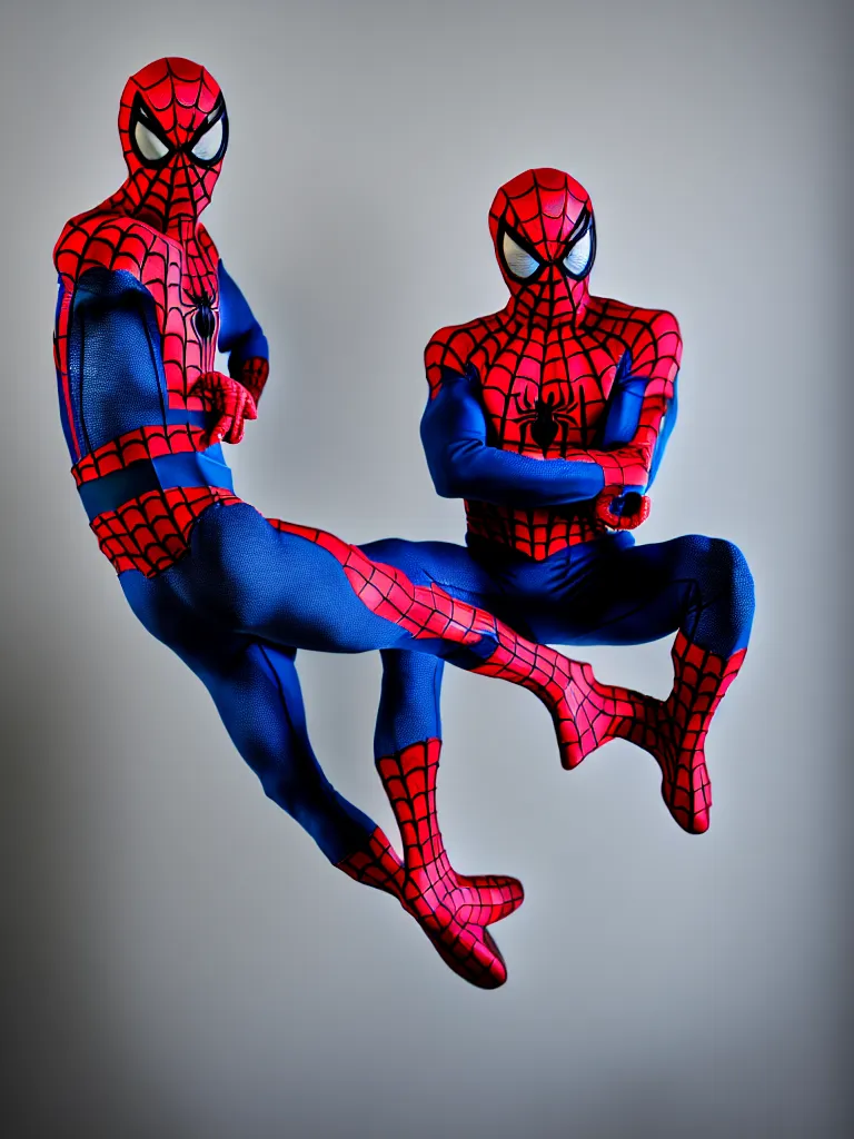 Image similar to Gopnik as Spider man, adidas costume, 50 mm lens photo portrait