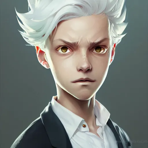 Prompt: Portrait of Ray from the promised neverland, white hair ,highly detailed, digital painting, artstation, concept art, sharp focus, illustration, art by greg rutkowski and alphonse mucha