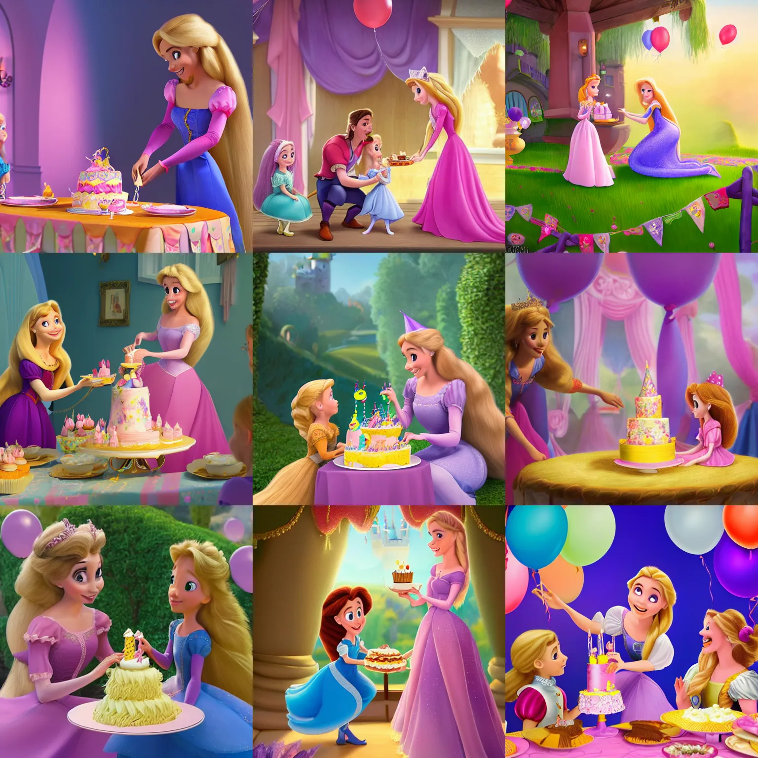 Prompt: a disney children's book illustration of rapunzel serving cake to princess sophia at a birthday party. balloons, bright scene. this 4 k hd image is trending on artstation, featured on behance, well - rendered, extra crisp, features intricate detail, epic composition and the style of unreal engine.