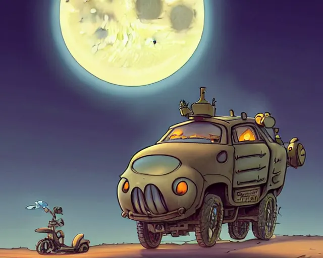 Image similar to a cell shaded cartoon giant grey lovecraftian mechanized fred flintstone from howl's moving castle ( 2 0 0 4 ), with a big head, on a desert road, wide shot, in front of a big moon, muted colors, post grunge, josan gonzales, wlop, by james jean, victor ngai, hq, deviantart, art by artgem