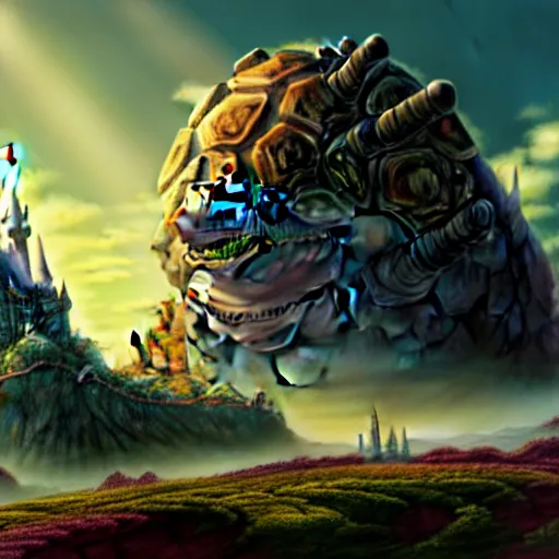 Image similar to large fantasy castle sitting on the top of a giant tortoise, towering over a harsh wasteland with sharp rays of sunlight, howls moving castle, mortal engines, kaiju, distant - mid - shot, fantasy, hyper detailed, 4 k