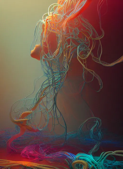 Image similar to subsurface scattering, translucent, medusa made of soft wax, cgsociety, wooden art nouveau swirls, colored smoke, gold cables, neurons, nuclear, in the style of ruan jia and beeple and giger, mystical colors, back light, rim light, dramatic lighting, 8 k, stunning scene, raytracing, octane render