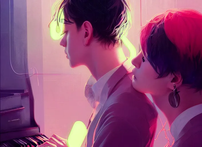 Prompt: harmony of blindfold, mute, neon light language, neon music notes, piano tiles ( black haired yoongi staring at jimin & blonde jimin crying heavy watery tears holding yoongi's shoulder ) intense emotions by wlop, james jean, victo ngai, beautifully lit, muted colors, highly detailed, fantasy art by craig mullins, thomas kinkade