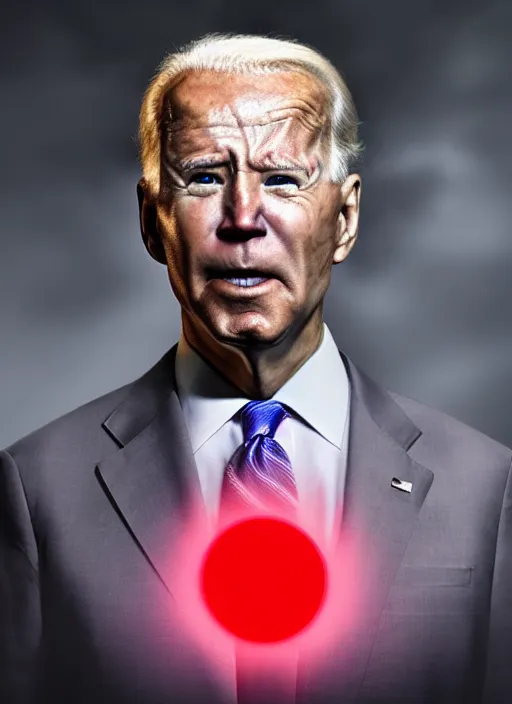 Image similar to hyper realistic ultra realistic eleventh dimensional photo furious glowing red eyes biden, high quality photo, detailed , 8k