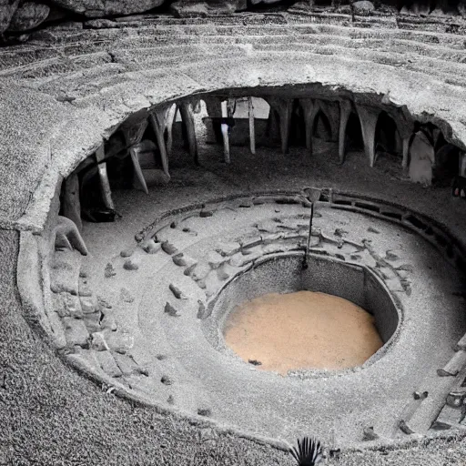 Prompt: a gladiator arena amphitheater inside a cave with a stage and stone steps, lit by torch lights, surrounded by tiki torches