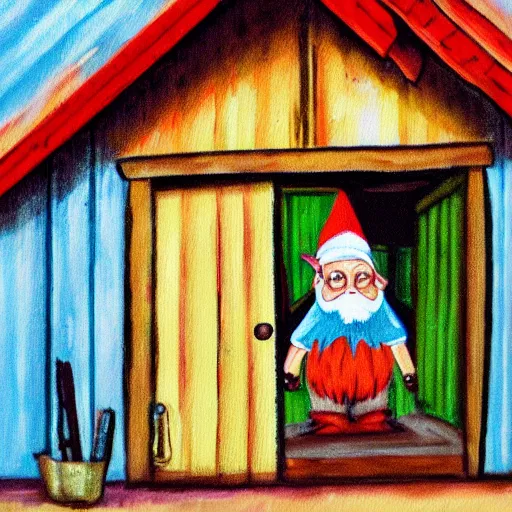 Image similar to a painting of a gnome in a barn, in the style of jenny nyström