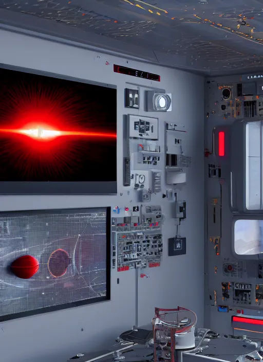 Prompt: photorealism of monitor on the wall of a room of a spacecraft with user interface display, red tones, biomechanical, ads concert rock, high resolution, hyper realistic sci fi realistic, octane render, hyper realistic, ambient lighting, blade runner film style, canon eos ef 5 0 mm.