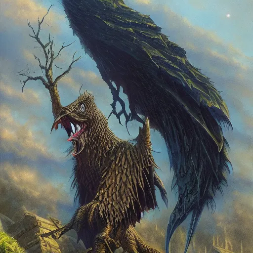 Prompt: A giant bird hiding in the shadows, waiting to strike, dark, threatening, gloomy, by Ralph Horsley