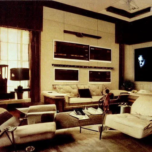 Image similar to rick deckard living room from bladerunner, as decorated by norman rockwell, moody, decadent, dirty,