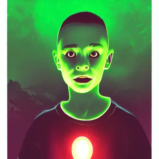 Image similar to a young boy with face lit by c 6 4 monitor green glow at midnight, atmospheric epic award winning illustration with volumetric cinematic lighting