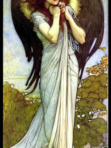 Image similar to a painting of a beautiful angel by rebecca guay and by john william waterhouse and by arthur rackham and by alphonse mucha, art noveau, detailed, proportional