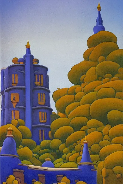 Image similar to view of the mysterious blue tower in its gardens after a storm, tall windows, beautiful moorish ornament, dramatic cinematic lighting, rich colors, by Nicholas Roerich and Sylvain Sarrailh and Ludwig Deutsch and April Gornik