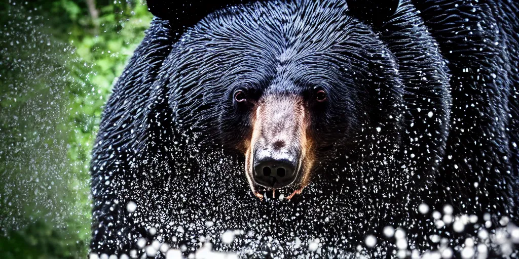 Prompt: black bear made of ferrofluid, in the zoo exhibit, viscous, sticky, full of black goo, covered with black goo, splattered black goo, dripping black goo, splattered goo, sticky black goo. photography, dslr, reflections, black goo, zoo, exhibit, v - ray, 3 d render, 8 k resolution, hyperreal