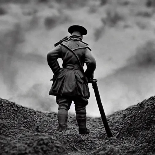Prompt: smoke, tilt shift wwi knight god pondering over a dug out trench, dramatic light, zdzidaw, ultrafine, hyperrealistic, vintage, retro, 3 5 mm film still, movie