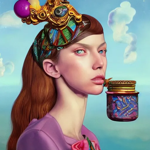 Image similar to pretty model with clouds and candy : : by martine johanna and simon stalenhag and chie yoshii and casey weldon and wlop : : ornate, dynamic, particulate, rich colors, intricate, elegant, highly detailed, vogue, harper's bazaar art, fashion magazine, smooth, sharp focus, 8 k, octane render