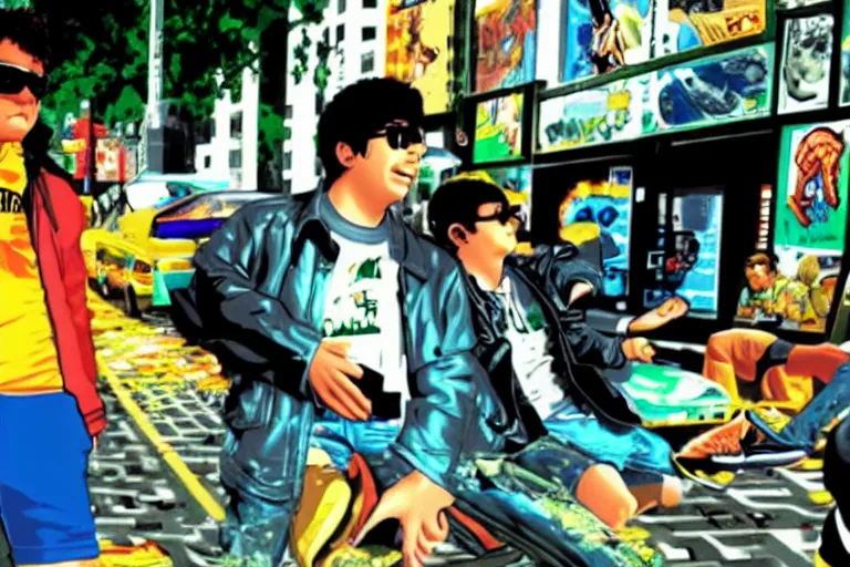 Image similar to a still from the movie superbad, 2 0 0 2 jet set radio future graphics visual aesthetic