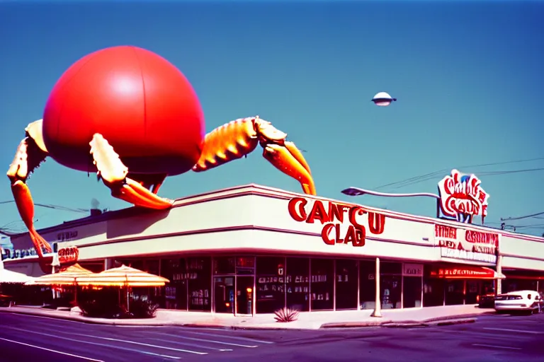 Image similar to 2 0 1 5 giant crab terrorizing a city, googie architecture, americana, fishcore, exterior photography, hd 8 k, photography cinestill