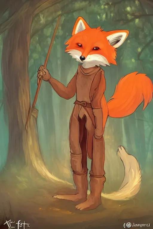 Image similar to a pretty medieval anthropomorphic fox with a fluffy tail in the forest, comic art, trending on furaffinity, cartoon, kawaii, backlighting, furry art!!!, warm shading, concept art, sunset