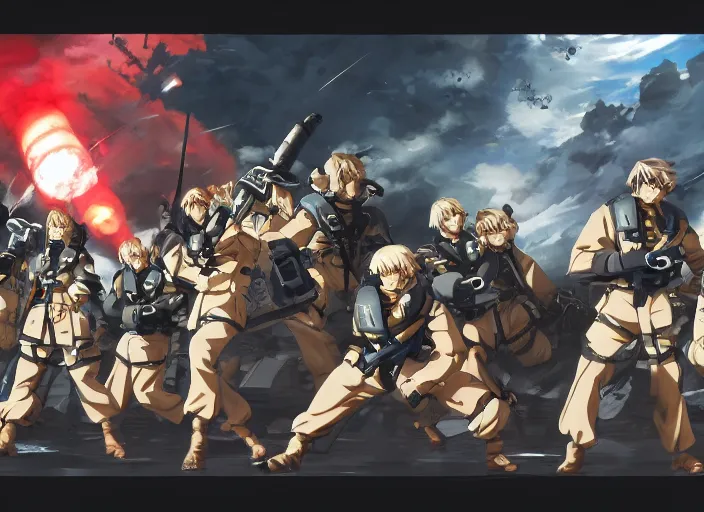 Image similar to brutal marine commanding his battleship crew, anime fantasy illustration by tomoyuki yamasaki, kyoto studio, madhouse, ufotable, trending on artstation