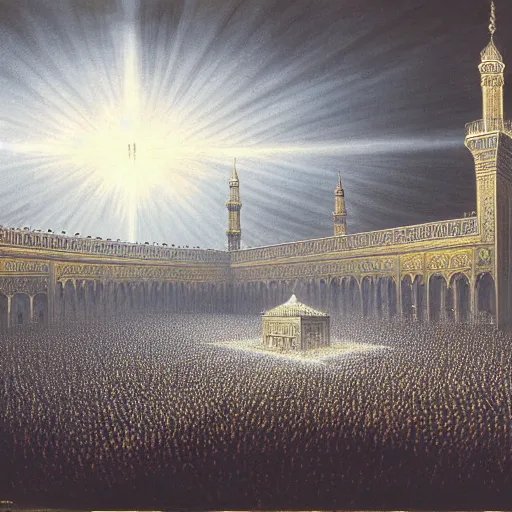 Prompt: painting of the kaaba on hajj day, highly detailed, volumetric lighting, god rays, by gustave dore and john collier