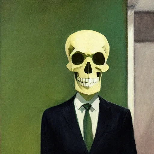 Image similar to a portrait painting of a man with a skull as his head, man is wearing a suit, the skull is green, in the style of edward hopper, 4 k,