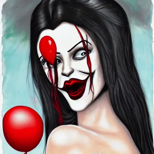 Image similar to grunge cartoon painting of kylie jenner with a wide smile and a red balloon by chris leib, loony toons style, pennywise style, corpse bride style, horror theme, detailed, elegant, intricate