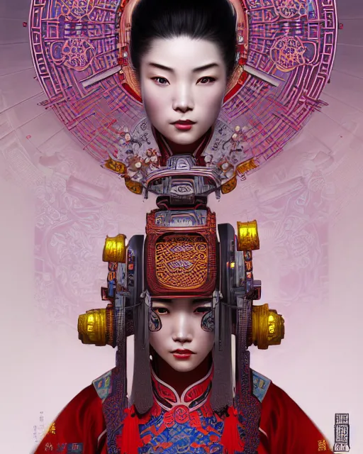 Image similar to portrait of a chinese cyberpunk machine, machine face, upper half portrait, decorated with chinese opera motifs, regal, asian, fine china, wuxia, traditional chinese art intricate intense elegant 京 剧 highly detailed digital painting artstation concept art smooth sharp focus illustration, art by artgerm and greg rutkowski alphonse mucha 8 k