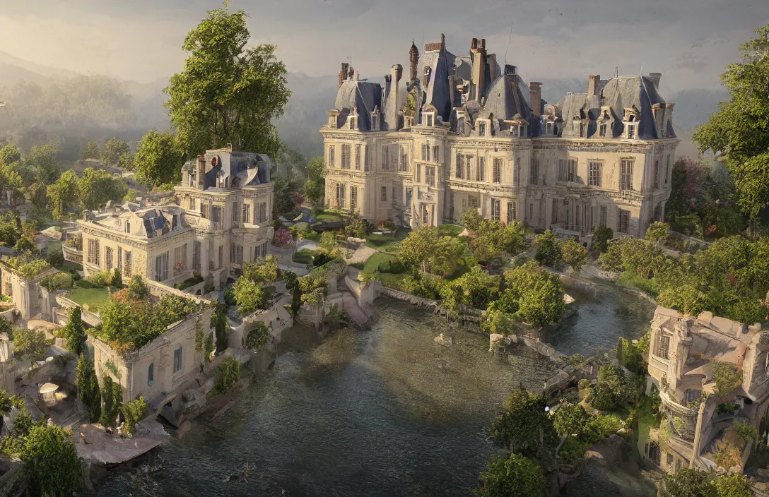 Image similar to a hyper realistic professional photographic view picture of a french chateau filter unreal engine 5 realistic hyper detailed 8k ultradetail cinematic concept art volumetric lighting, very beautiful scenery, very realistic painting effect, hd, hdr, cinematic 4k wallpaper, 8k, ultra detailed, high resolution, artstation trending on artstation in the style of Albert Dros glowing rich colors powerful imagery nasa footage drone footage drone photography