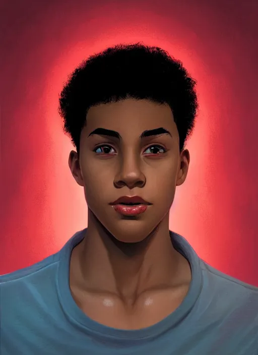 Image similar to portrait of chuck clayton, lightskin black teenage boy, very short curly hair, very short hair, short hair, strong jawline, square jaw, slight smile, reading archie comic, intricate, elegant, glowing lights, highly detailed, digital painting, artstation, concept art, smooth, sharp focus, illustration, art by wlop, mars ravelo and greg rutkowski