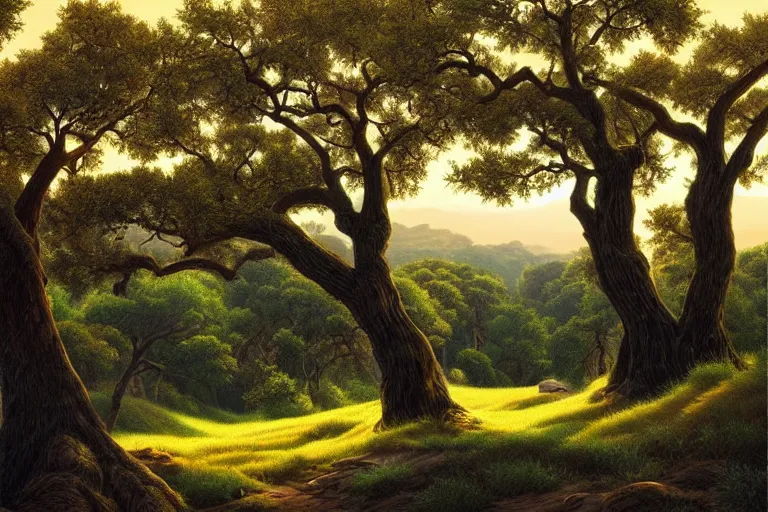 Prompt: masterpiece painting of oak trees on a hillside overlooking a creek, dramatic lighting, by alex gross