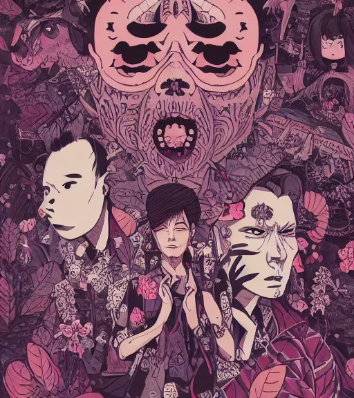 Image similar to portrait, nightmare anomalies, leaves with yakuza by miyazaki, violet and pink and white palette, illustration, kenneth blom, mental alchemy, james jean, pablo amaringo, naudline pierre, contemporary art, hyper detailed