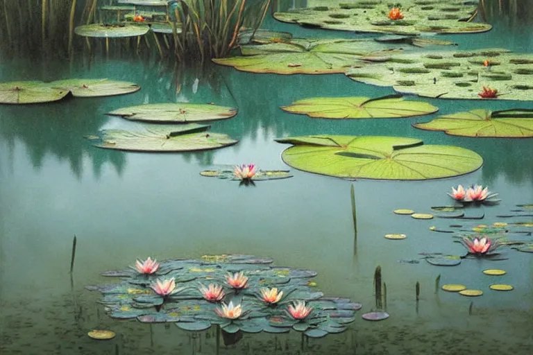 Image similar to pale teal rain beside pond with waterlilies, fantasy, intricate, elegant, dramatic lighting, emotionally evoking symbolic metaphor, highly detailed, lifelike, photorealistic, digital painting, artstation, concept art, smooth, sharp focus, illustration, art by John Collier and Albert Aublet and Krenz Cushart and Artem Demura and Alphonse Mucha