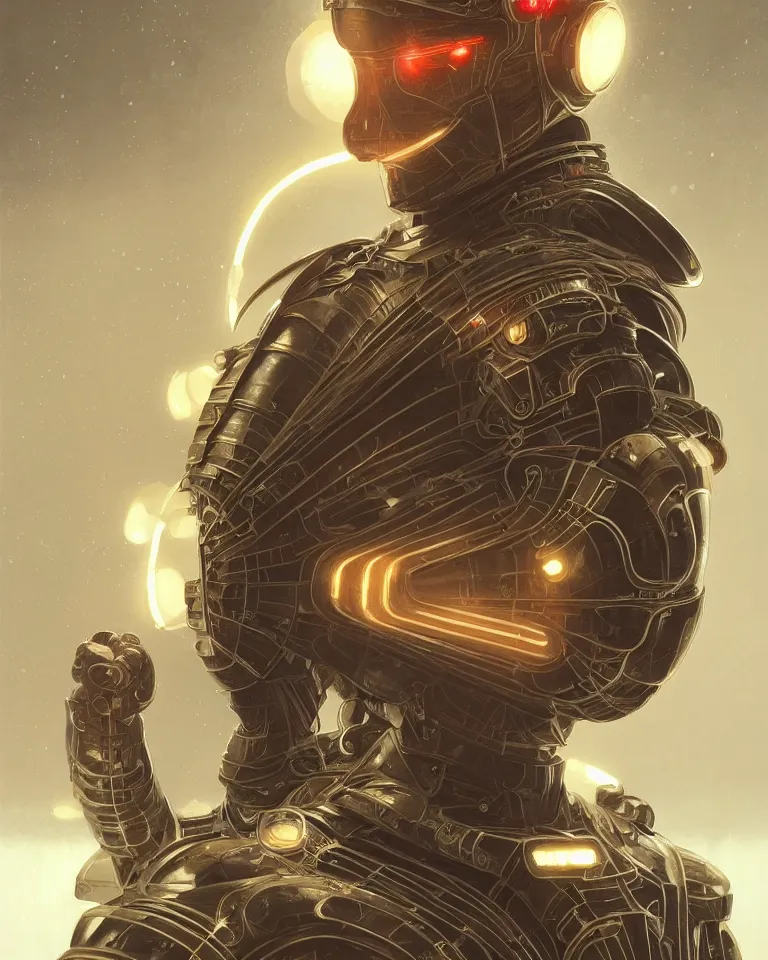 Image similar to Symmetry!! portrait of samurai, sci-fi armour, tech wear, cables, glowing lights!! sci-fi, intricate, elegant, highly detailed, digital painting, artstation, concept art, smooth, sharp focus, illustration, art by artgerm and greg rutkowski and alphonse mucha.