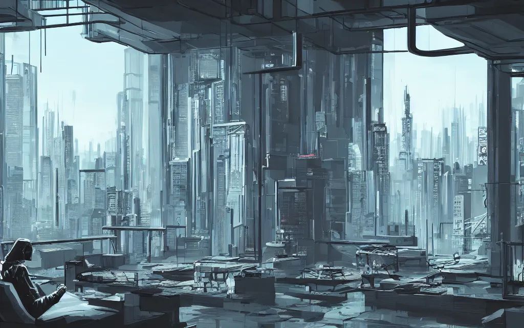 Image similar to cyberpunk loft lounge with tall windows, no people, city in background, drawn by feng zhu