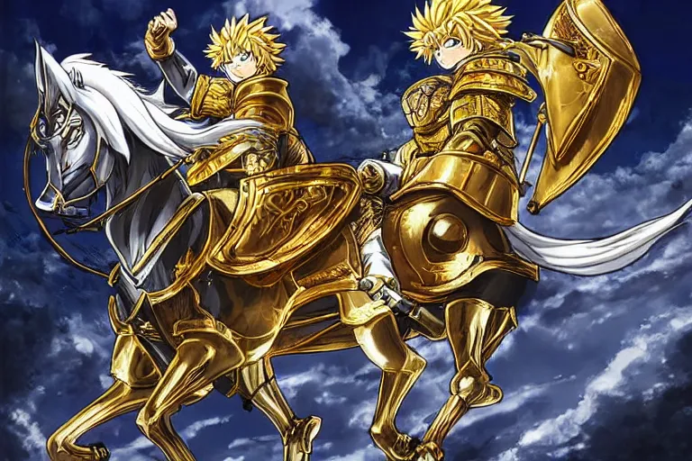 Image similar to an ultra detailed portrait of king richard the lionhearted as a shonen anime protagonist charing into battle wearing bright gold armor and riding a horse bless by god, 8 k, volumetric lighting, art by kentaro miura and akira toriyama