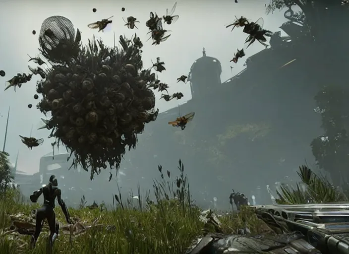 Prompt: colossal wasp nest looking colony infestation in destiny 2, liminal, dark, dystopian, abandoned, highly detailed 4 k 6 0 fps in - game destiny 2 gameplay screenshot leak