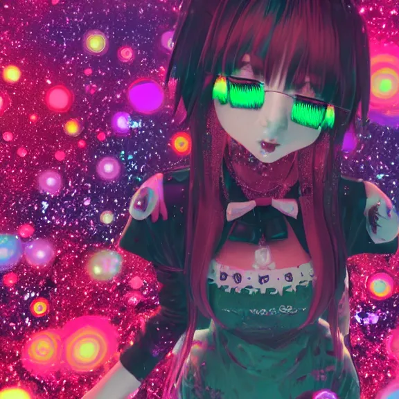 Prompt: photo of a emo manic pixie dream girl, 8k, portrait | sanrio glitchcore yokai girl, shadowverse character concept, found footage horror, glitter gif | d anime decora gyaru kawaii fashion model, v tuber, darling in the frank,asuka, anime best girl, with glitch and scribble effects, psychedelic colors, 3d render octane, by wlop, wenjr, beeple, artstation,imaginefx