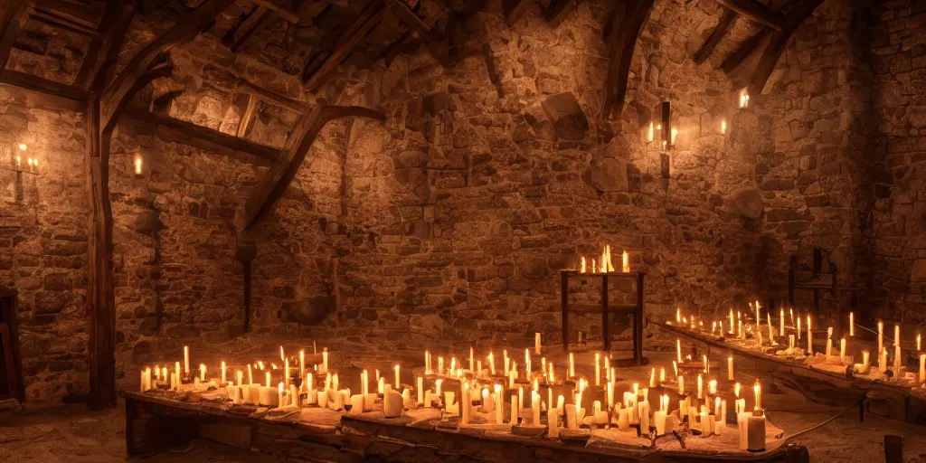 Image similar to Hyper realistic photo of a medieval armory, lit candles, 4k