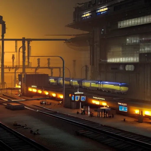 Image similar to photo of Immense industrial futuristic cargo train arrives at cyber punk city station, cinematic lighting,