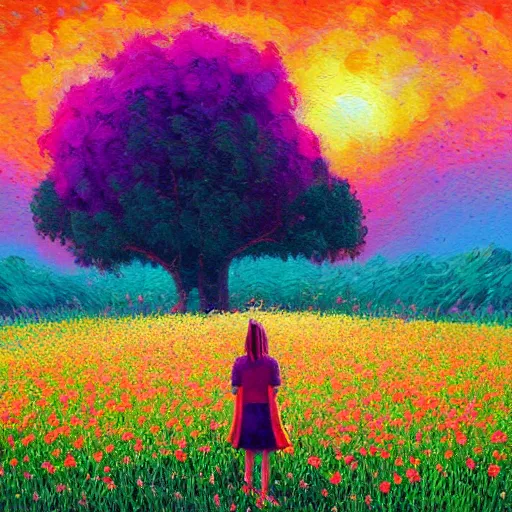 Image similar to girl made from surreal exploding flowers, standing in flower field, big trees, sunrise dramatic light, impressionist painting, colorful clouds, digital painting, pointillism, artstation, simon stalenhag