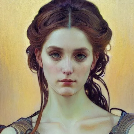 Image similar to a painting in the style of donato giancola, and in the style of charlie bowater, and in the style of alphonse mucha. smooth, sharp focus, semi - realism, symmetry.