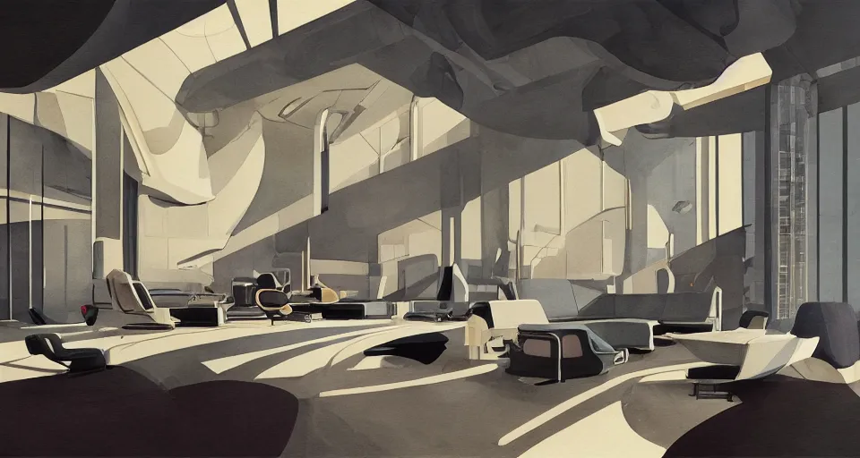 Image similar to a beautiful illustration of futuristic interior hall, lots of furniture, sofa, waiting room, big medium small, sacred geometry, golden ratio, in watercolor gouache detailed paintings, in style of syd mead, trending on artstation,8k, panel, hard surface, vent, zaha hadid, props, plant, cozy,decoration around the room