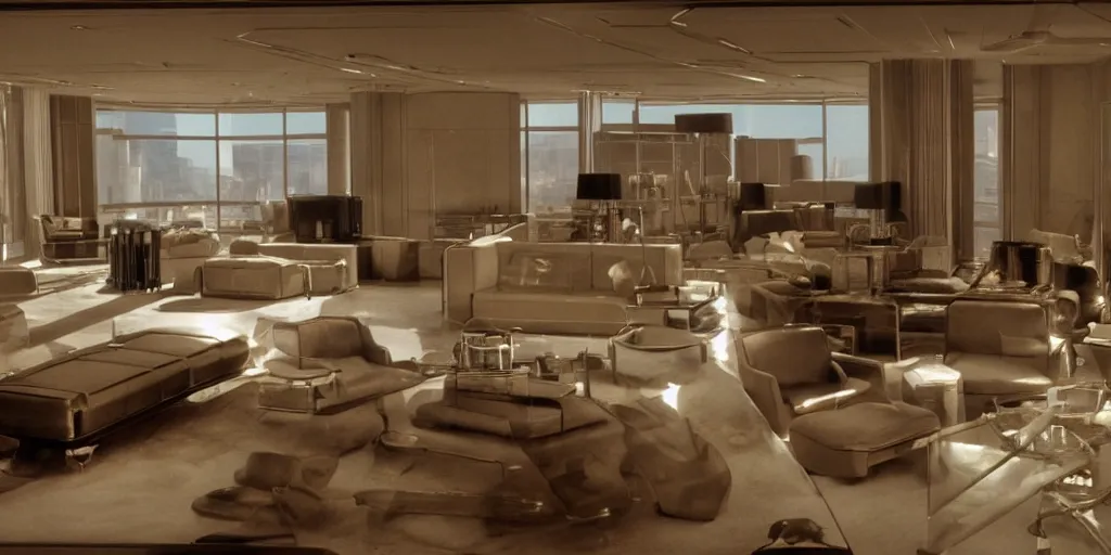 Prompt: sci - fi film still of a luxury apartment filled with luxury furniture and stock trading screens, with massive windows, views onto a desolate mining planet, beige atmosphere, ridley scott, 1 9 8 0 s science fiction film screenshot