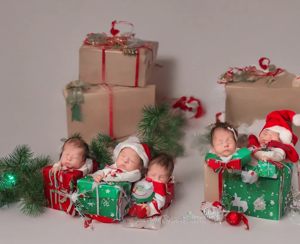 Prompt: Two twin babies in a gift box, christmas lights, photo realistic, award winning photograph, very detailed, art by Studio Ghibli