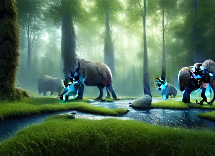 Image similar to hyperrealism, detailed textures, photorealistic 3 d render, a surreal mystical forest with a bright winding blue creek, wooly mammoths grazing, sharp focus, ultra realistic, ultra high pixel detail, cinematic, intricate, cinematic light, concept art, illustration, art station, unreal engine 8 k