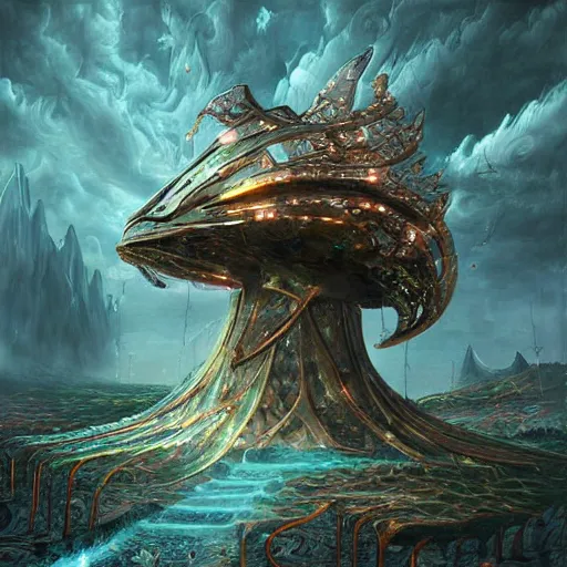 Image similar to fantasy art hyper realistic ai created interesting bizarre subconscious of computer ai machines with fractal vignette edge fantastic art award winning best ultra detailed magnificent