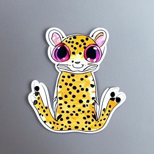 Prompt: A very beautiful sticker art of a leopard gecko cat, fluffy, sharp focus, 4k, friendly, soft colors, watercolor, cute, white background, high quality, smooth lines, trending on ArtStation, anime, Instagram