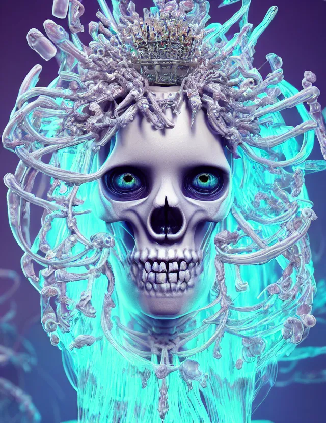 Image similar to 3 d goddess skeleton macro close - up portrait with crown made of ram skull. betta fish, jellyfish phoenix, bioluminiscent, plasma, ice, water, wind, creature, super intricate ornaments artwork by tooth wu and wlop and beeple and greg rutkowski