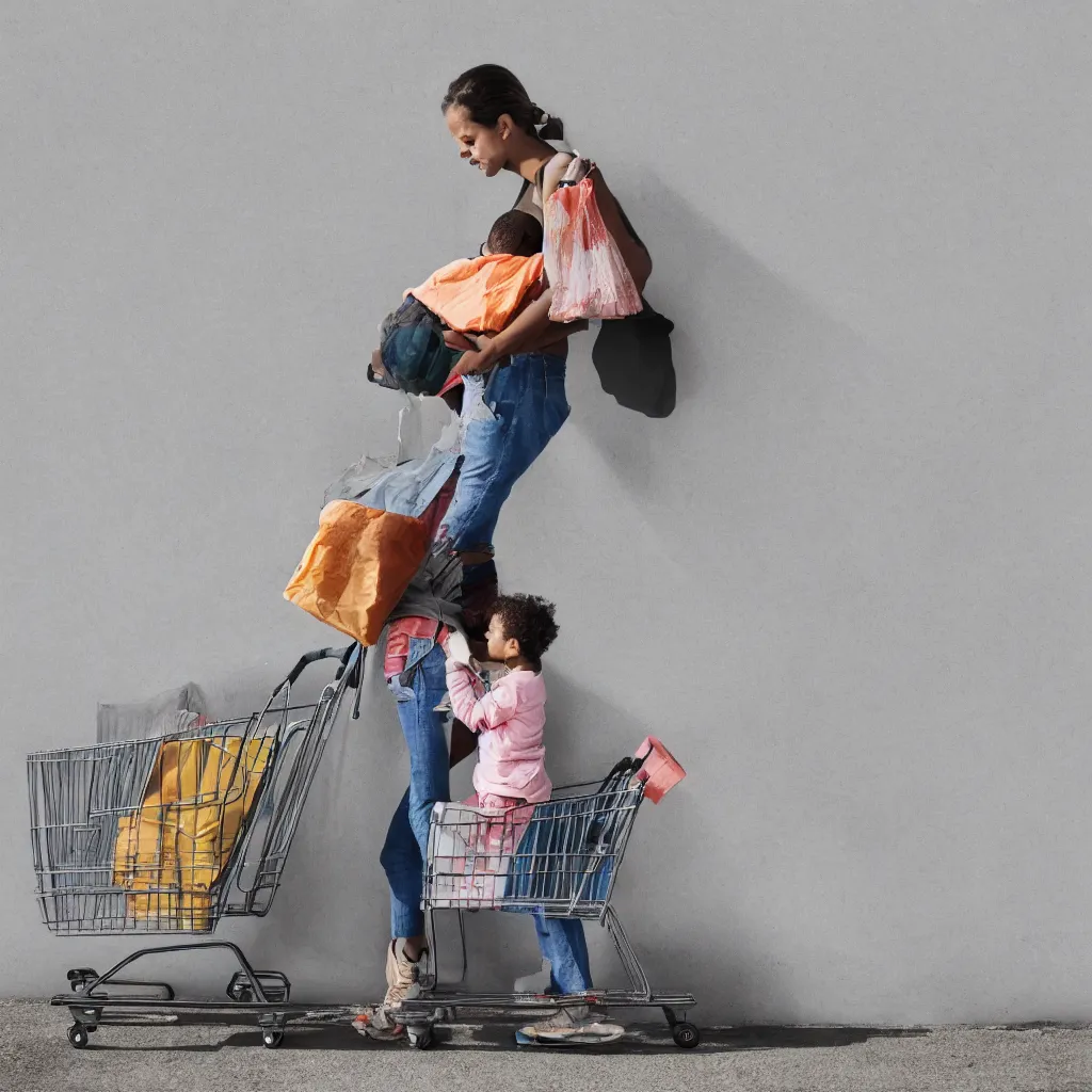 Image similar to a homeless mother and child holding hands and pushing a shopping cart in front of a blank wall, hyperrealistic